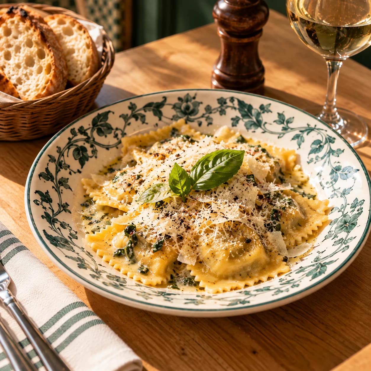 Une assiette de raviolis truffe & pistache dressée en salle chez In Casa.